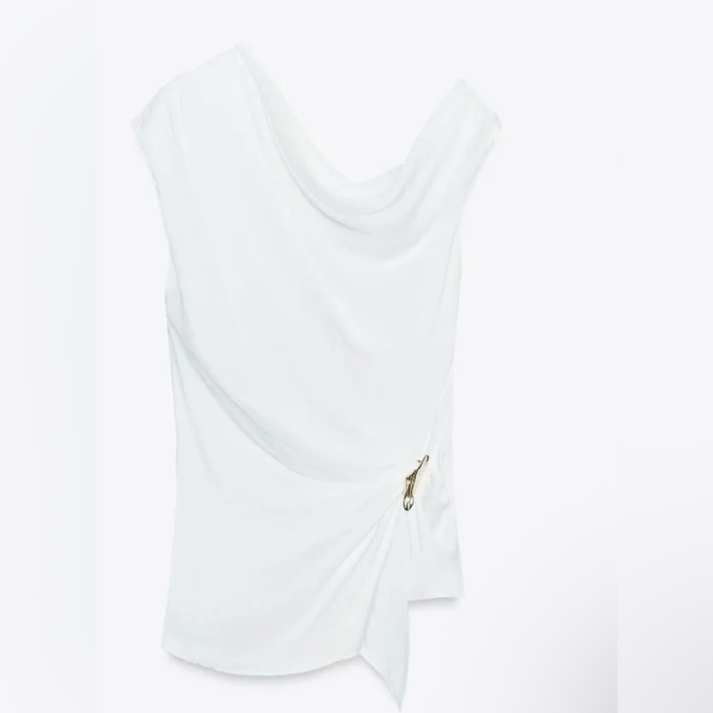 Zara White Draped Sleeveless Top with Gold Clip